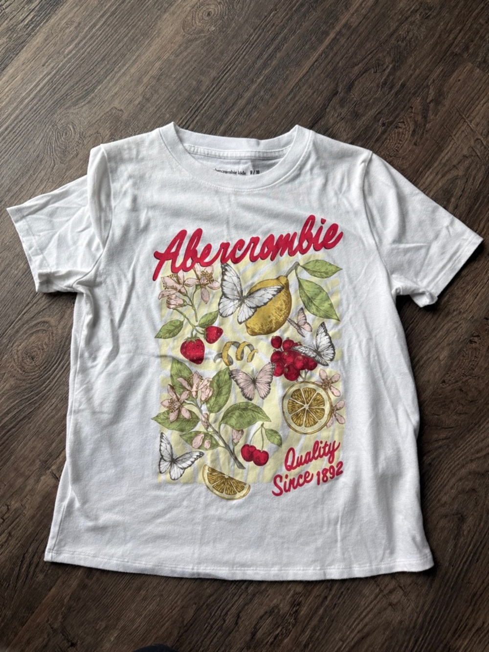 abercrombie kids White Tee with Red Script and Fruit Butterfly Graphic